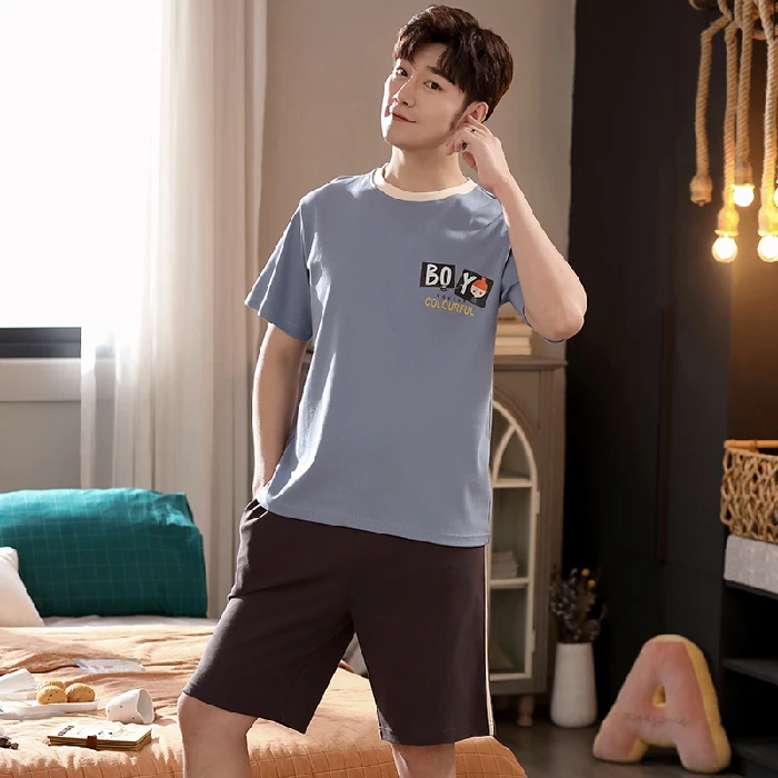 Loose Leisure Elastic Waist Male Sleepwear Cotton Man's Short Sleeve Cartoon Short Sleeved Top+Shorts Summer Men's Pajamas Set best silk pajamas Men's Sleep & Lounge