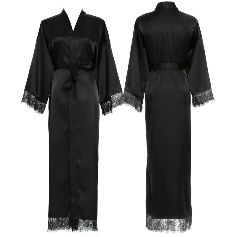 

YUXINBRIDAL 2019 New 11 Colors Silk Satin Lace Robes Bridesmaid Bride Robes Wedding Long Robe Bathrobe Womens Robe Black