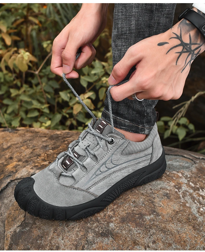Golden Sapling Genuine Leather Men's Hiking Shoes Soft Rubber Outdoor Mountain Trekking Sneakers Men Breathable Gray Ankle Boots