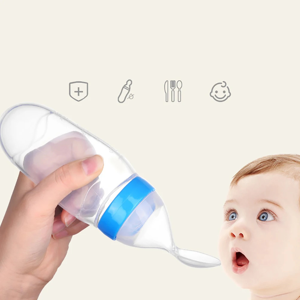 Baby Silicone Squeeze Feeding Bottle With Spoon Food Rice Cereal Feeder W