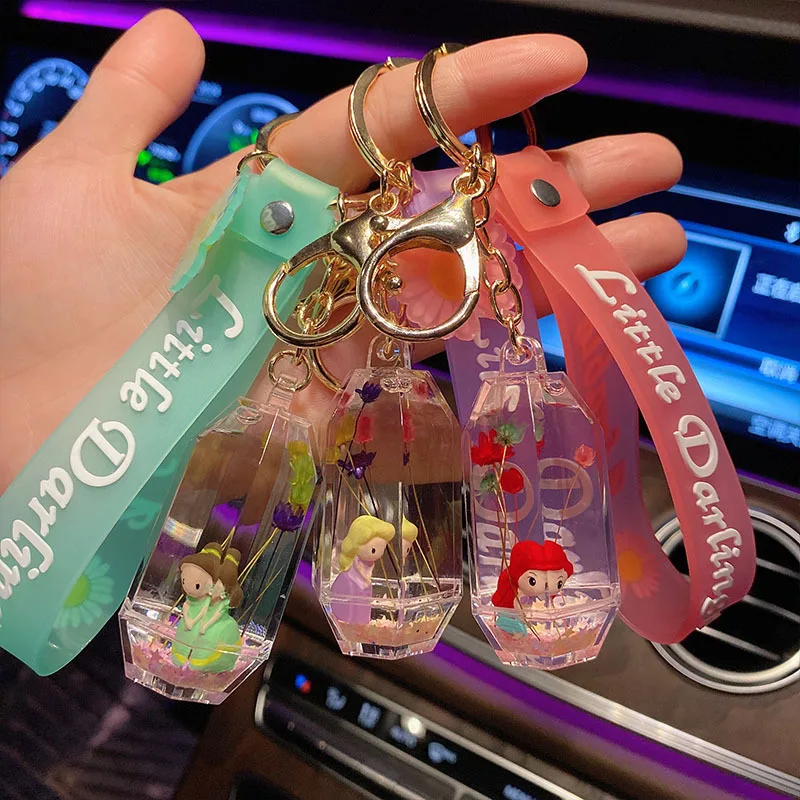 Cartoon Princess Doll Keyring Transparent Liquid Floating Keychains Leather Cord Car Key Chains Pendant Cute Bag Keyfob Ornament | Украшения