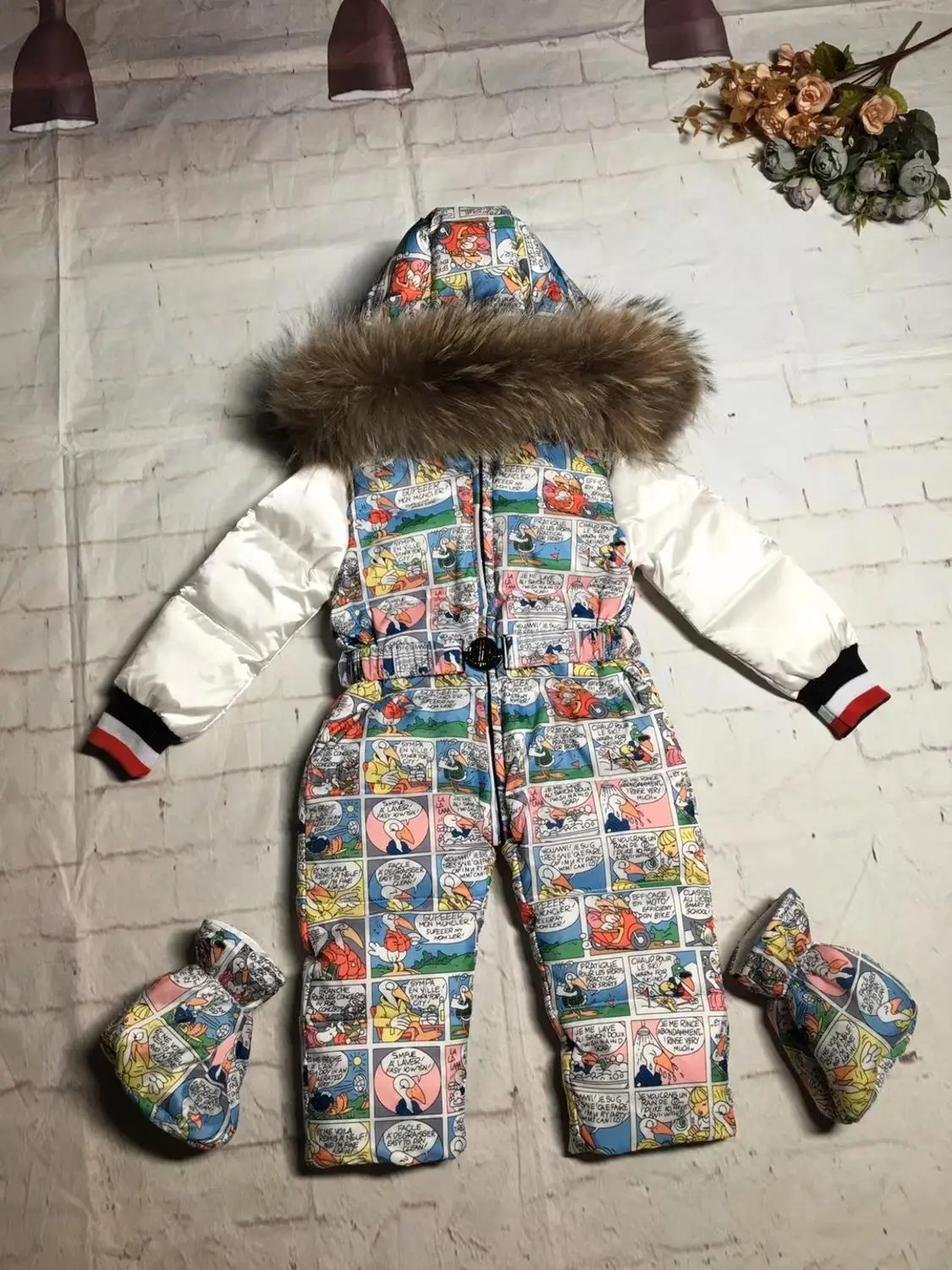 Г. Зимняя куртка с капюшоном и натуральным мехом детские куртки детский комбинезон зимний костюм для девочек с цветочным рисунком, Пуховый комбинезон, лыжные костюмы, верхняя одежда