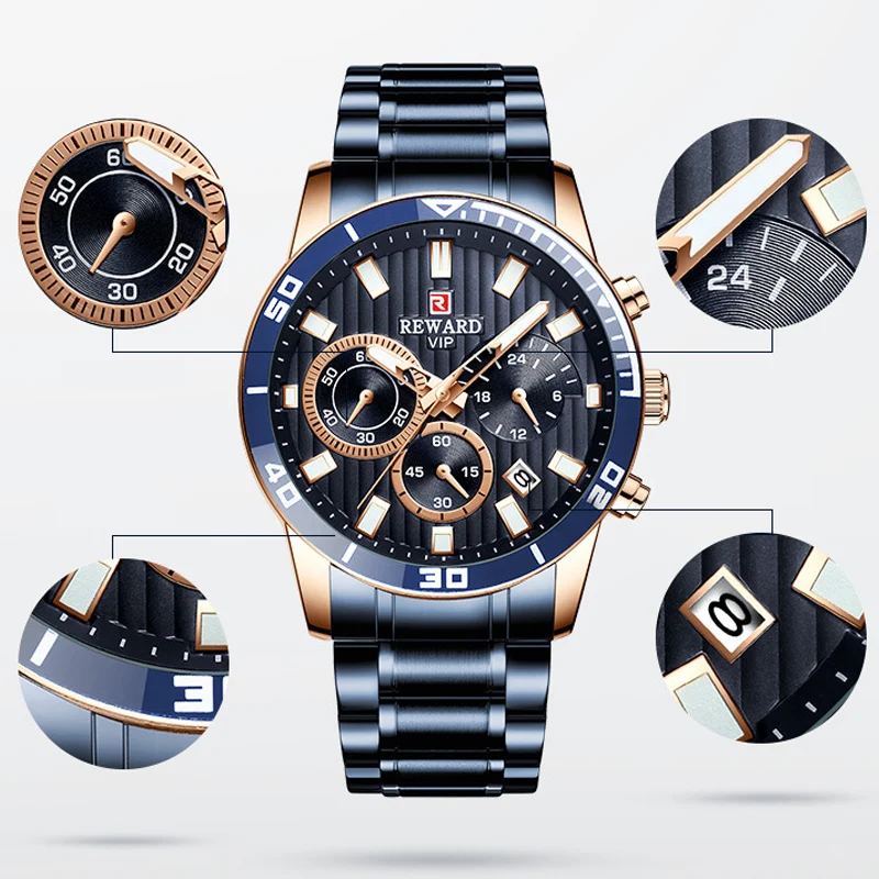 Men's Three Eye Six Pin Watch Waterproof Calendar Sports Time Men's Watch Steel Belt Multifunctional Luminous Quartz Watch
