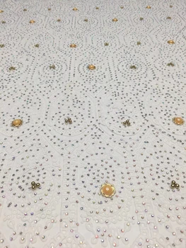 

Bridal french lace fabric beaded african tulle lace fabric with stones 5 yards per lot net lace fabric for dress DJ2271