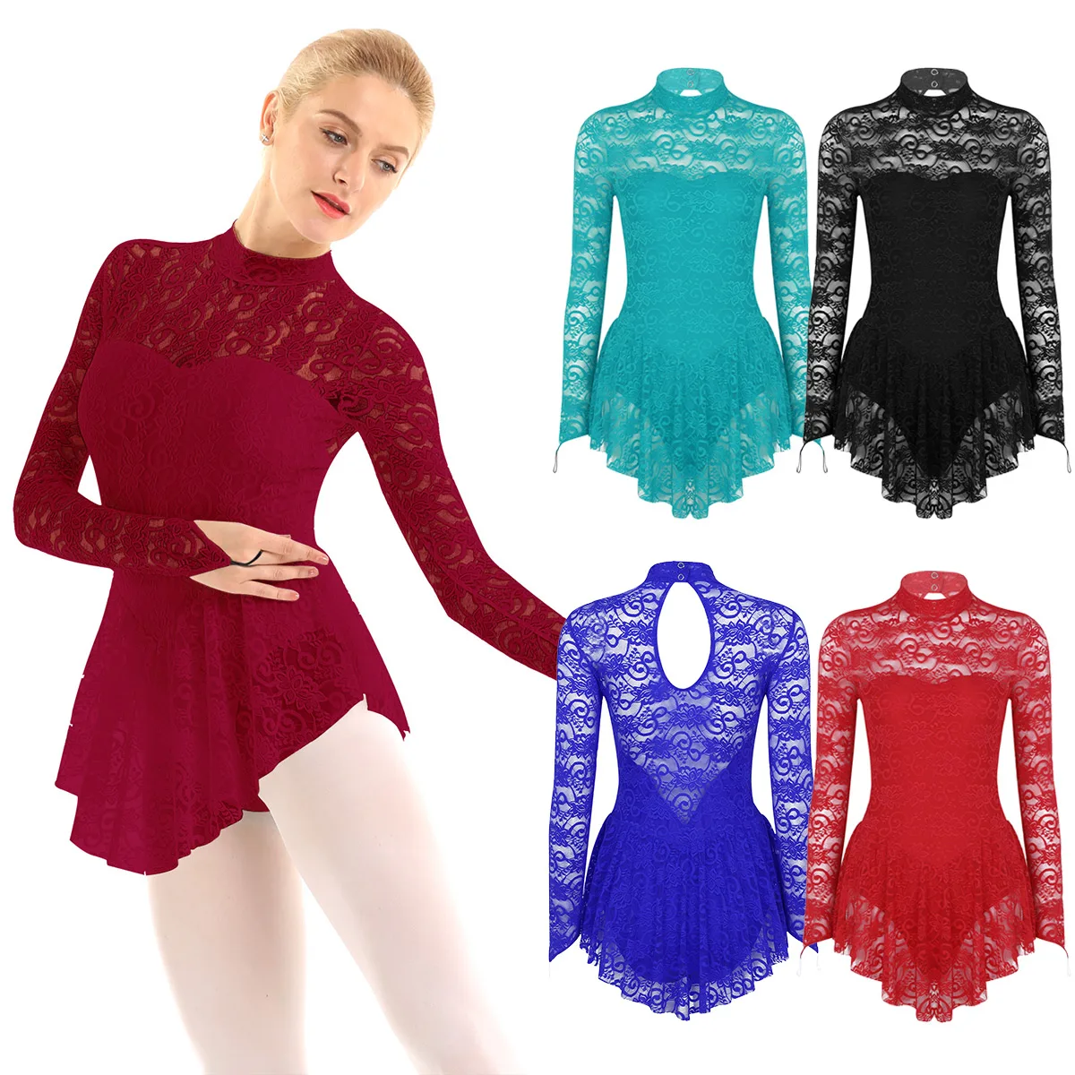 Adult Mock Neck Long Sleeve Soft Lace Ballet Gymnastics Leotard Women Figure Ice Skating Dress Competition Dance Costume