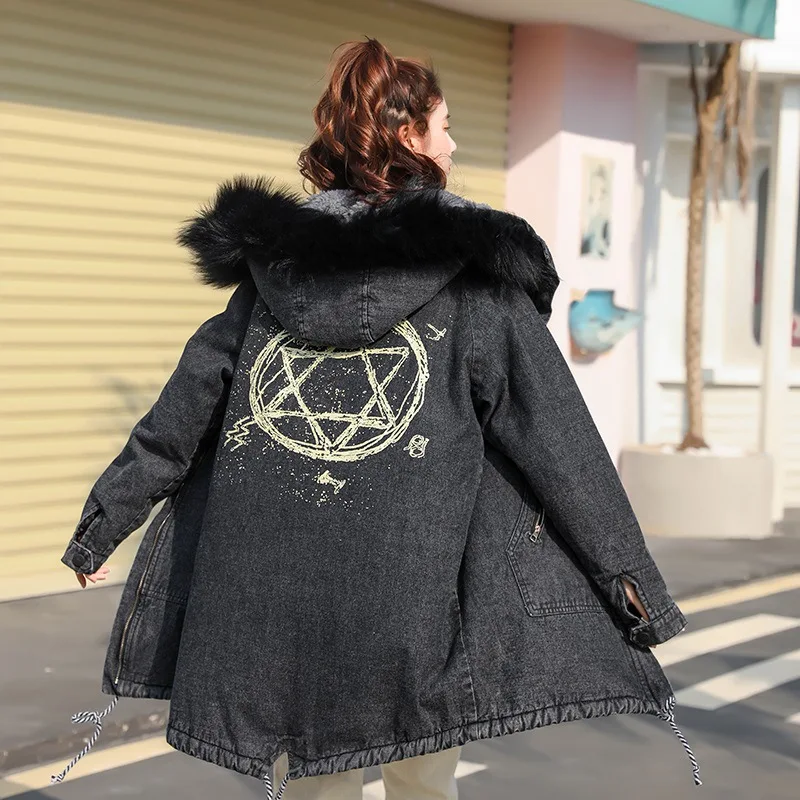 

Autumn & Winter Korean-style BF Hong Kong Style Loose-Fit Denim Cotton Coat Medium-length Student Thick Cotton Overcoat plus Vel