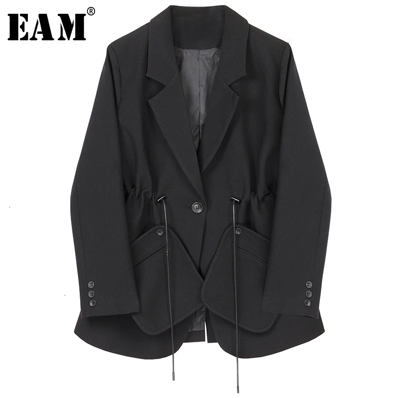 

[EAM] Women Black Drawstring Temperament Blazer New Lapel Long Sleeve Loose Fit Jacket Fashion Tide Spring Autumn 2020 1H792