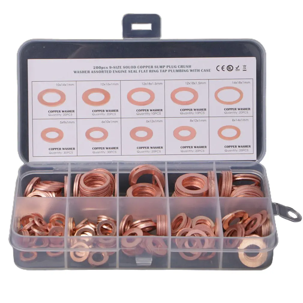 

Professional Assorted Copper Washer Gasket Set Flat Ring Seal Assortment Kit M5-M20 with Box For Hardware Accessories