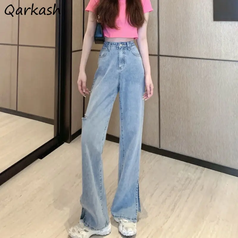 

Wide Leg Jeans Fashion Washed Vintage Summer Thin Side-slit Hole Female Design All-match Harajuku Streetwear Denim Retro Ladies