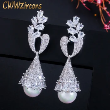 

CWWZircons Elegant Symmetrical Leaf Dangling Long Pearl Drop Earring for Women Trendy Cubic Zirconia Wedding Party Jewelry CZ622