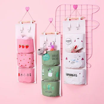 

Wall Mounted Cartoon Print Canvas Cotton 3 Bags Home Storage Bag Kitchen Supplies Fluid Systems Multilayer Bags
