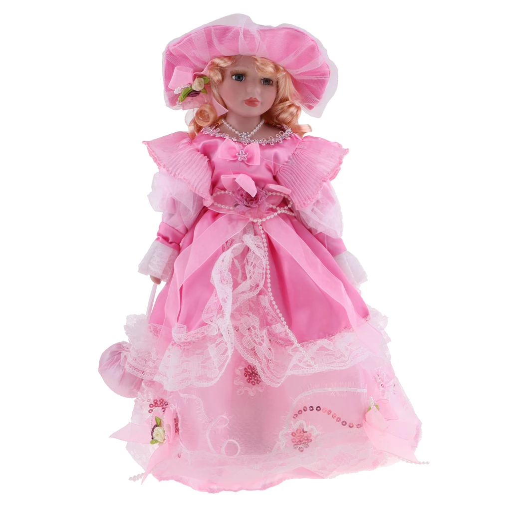 40cm Porcelain Doll Beautiful Vintage Lady Figures in Pink Princess Clothes with Wooden Stand for Adults Collections 