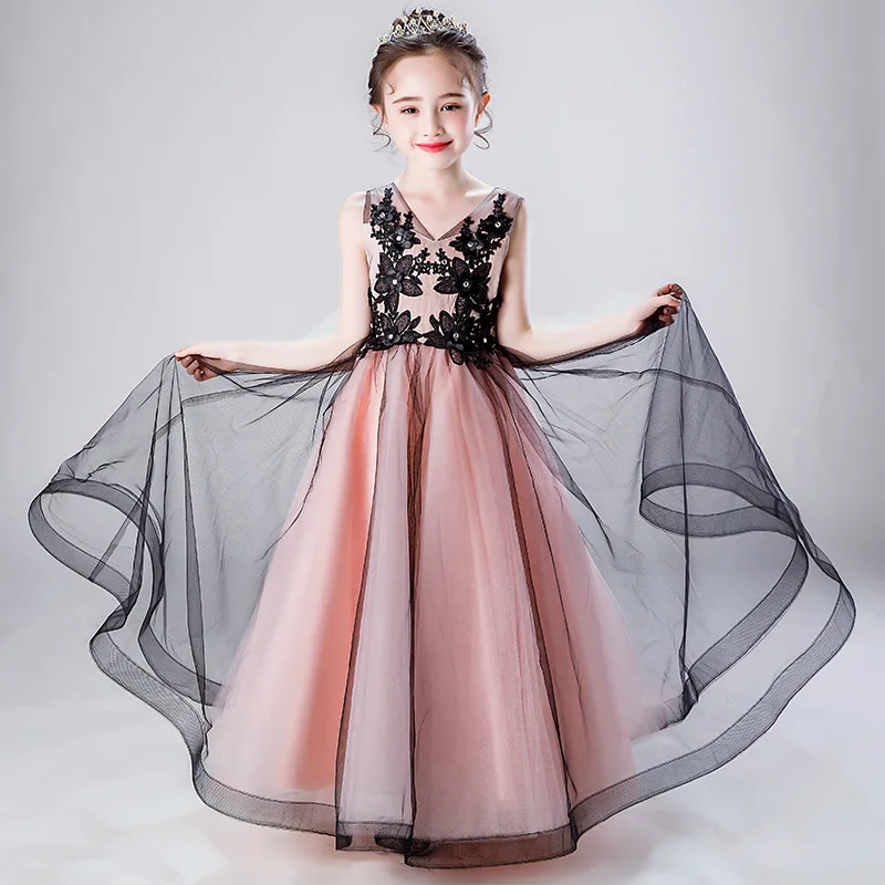 Новая модная модель, подиум для показа, роскошное платье принцессы с цветочной аппликацией, длинное Сетчатое платье, черное детское платье с роялем