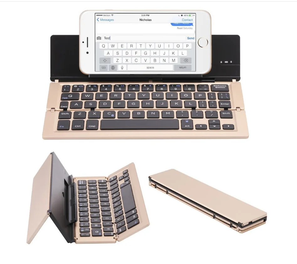 Dobre o Teclado Fino do Metal Dobra o Teclado sem Fio com Suporte do Telefone Teclado do Computador Três Ultra Bluetooth Móvel Tablet 5 com suporte do telefone móvel tablet teclado do computador