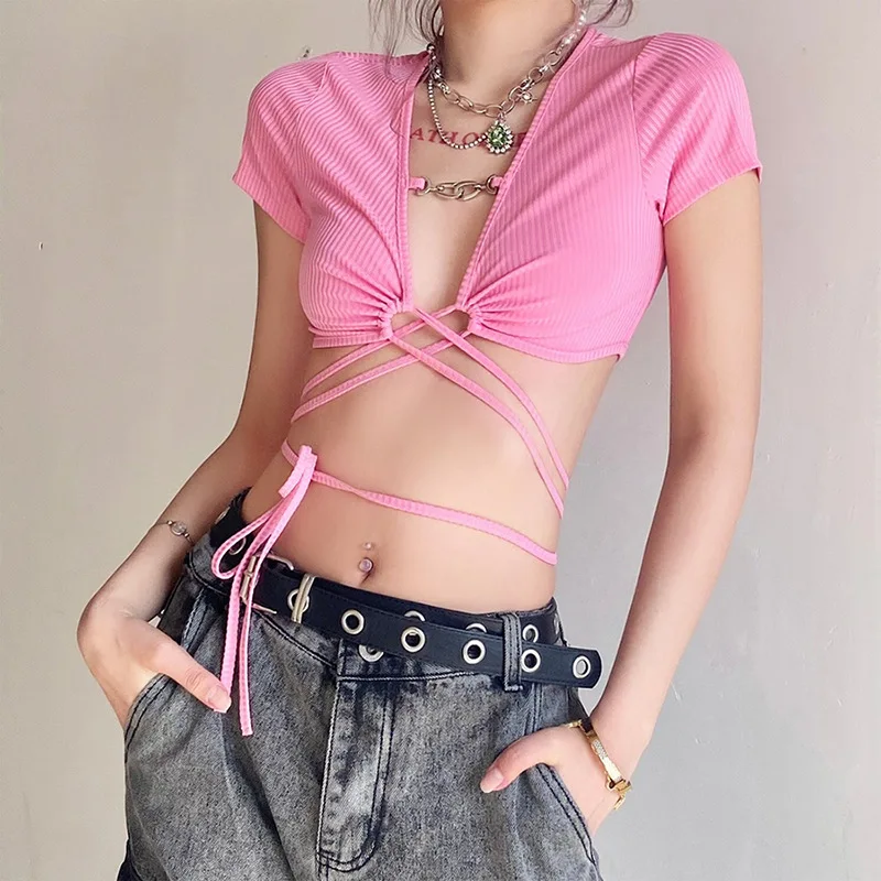 

Summer new fashion women's V-neck slim-fit lace-up sexy tank top