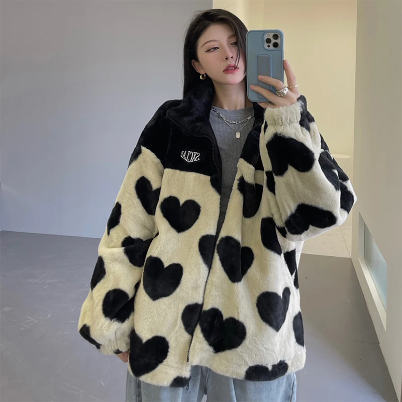 Autumn Winter Thick Jacket Female Casual Fashion Lamb Fluffy Comfortable Sweet Korean Loose Heart Pattern Warm Faux Fur Coat