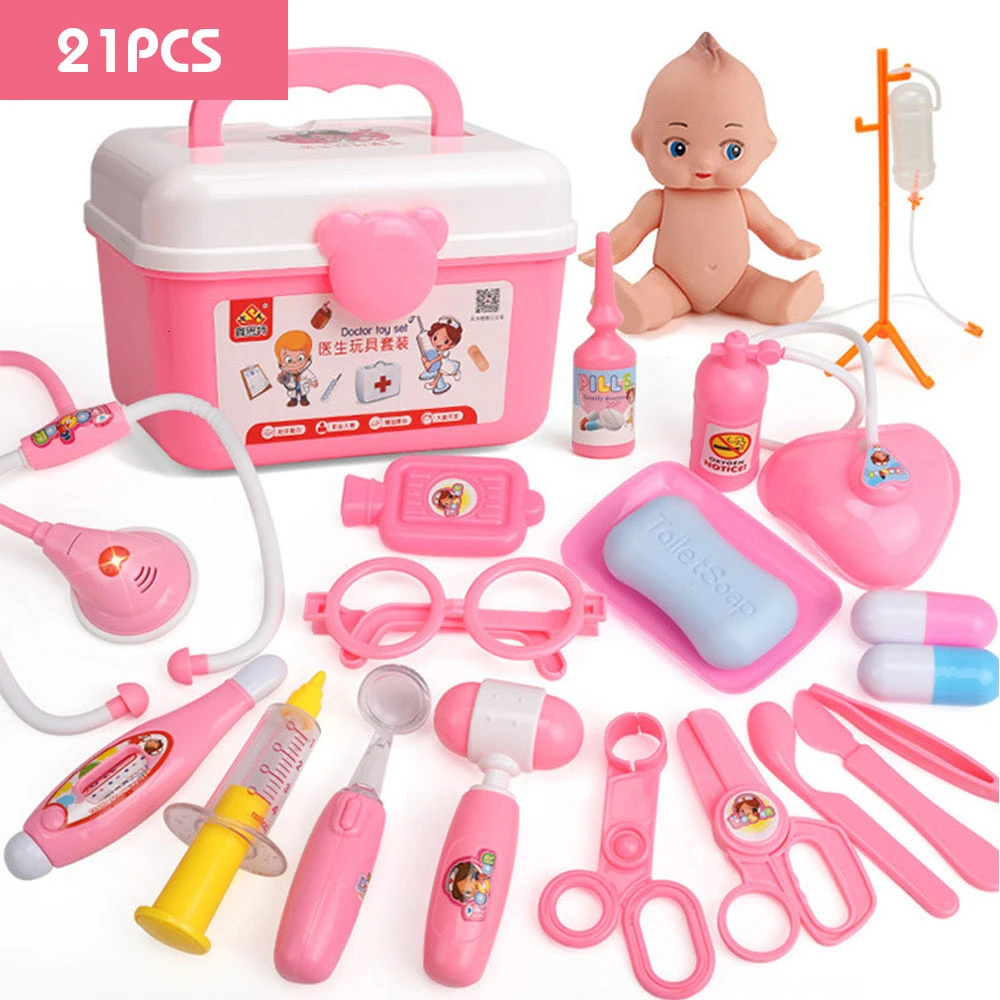 21-39 шт., детские игрушки для ролевых игр, набор для доктора, медицинский набор для моделирования с портативным чемоданом, игрушки для ролевых игр для девочек, инструмент для зубного врача - Цвет: 21PCS Pink