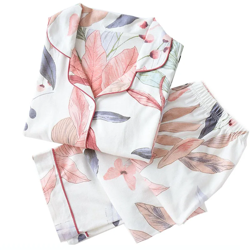 Beste Herfst Nieuwe Dames Pyjama Set Bloemen Gedrukt Volledige Katoen Verse Stijl Nachtkleding Set Vrouwen Turn Down Kraag Vrouwelijke Casual homewear