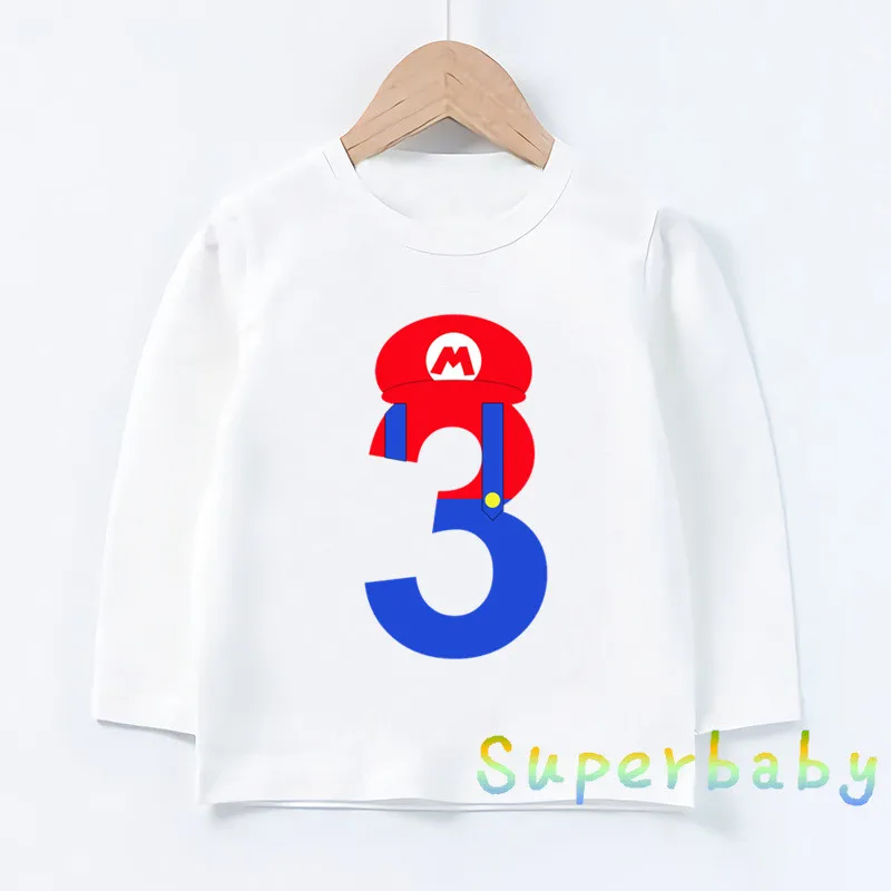 Детская футболка с принтом «Happy Birthday Super Mario» и цифрой 1-9, Забавные топы с рисунками для маленьких мальчиков и девочек, Детская футболка с длинными рукавами, LKP5233 - Цвет: LKP5233-L