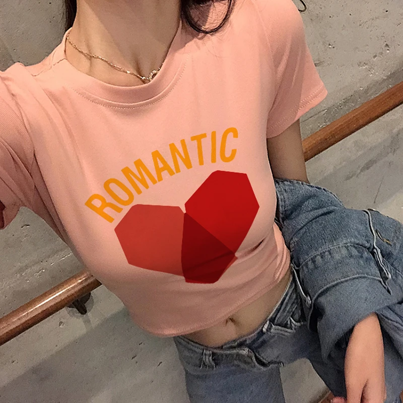 

2020 New Fashion T-shirt Women ROMANTIC LOVE HEART print T-shirts Woman Cropped Crop Top Sexy slim Tee Shirt Femme mujer Tops