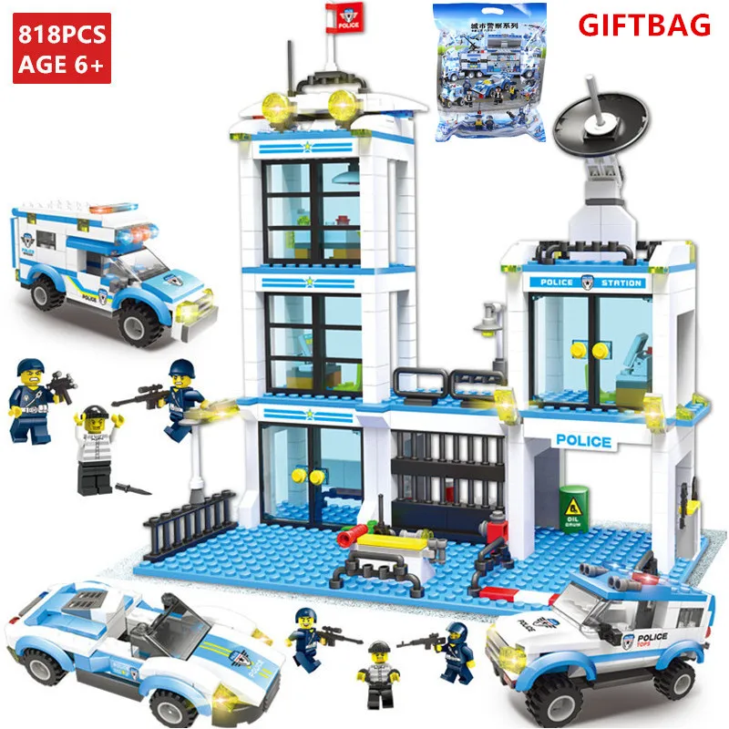 Günstig 818Pcs City Polizei Station LegoINGLs Bausteine Sets Hubschrauber Schiff Auto SWAT Kinder DIY Steine Pädagogisches Spielzeug für Kinder