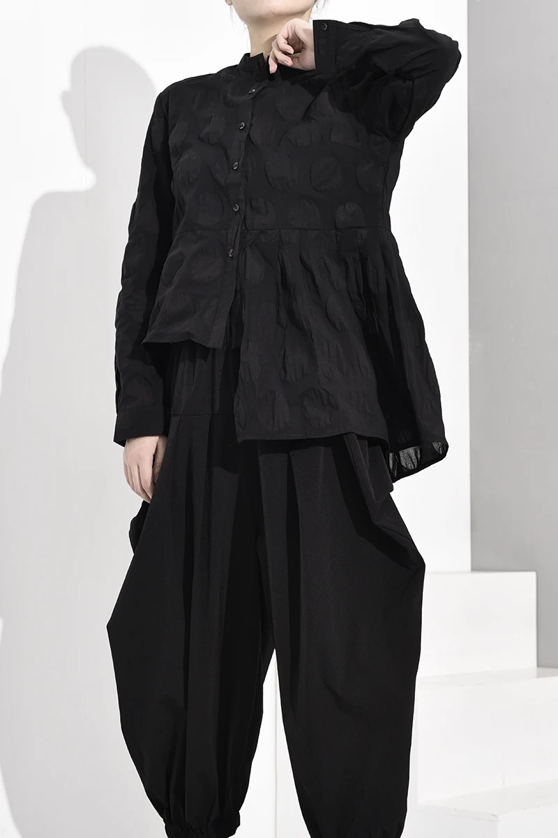  LANMREM Japan Style Trend Irregular Long Sleeve Cotton Shirt Polka Dot Womens Tops And Blouses 2020