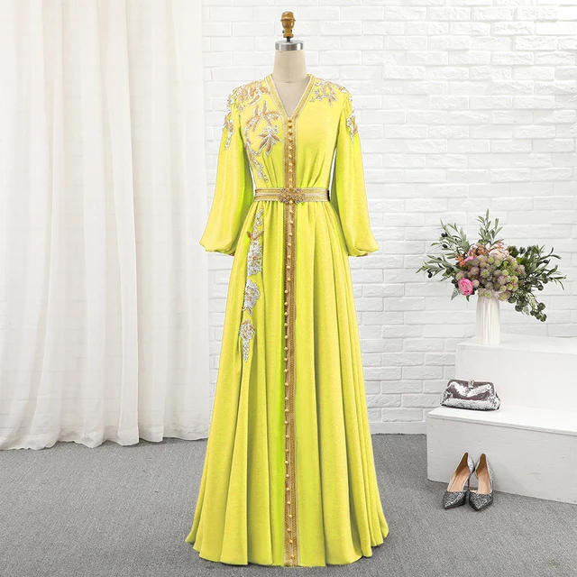 Bbonlinedress Moroccan Caftan Evening Dresses Embroidery Appliques Long Casual Women Dress Arabic Muslim Plus Size Party Robe Yellow