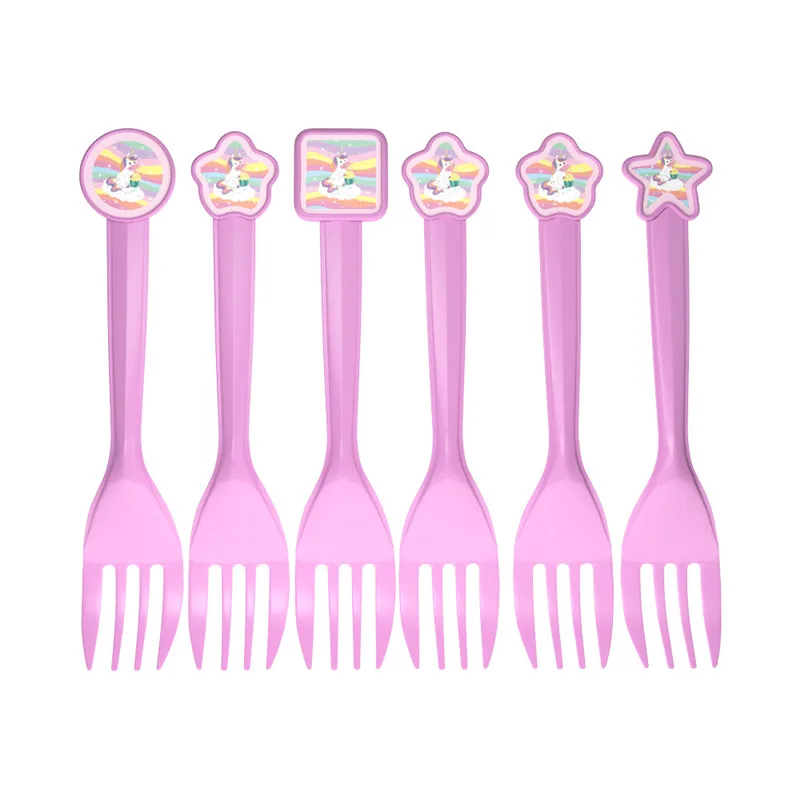 Fork 6pcs Одноразовые наборы посуды для вечеринок с изображением единорога из мультфильма для девочек на день рождения, декоративные салфетки, тарелки, чашки, скатерти, вечерние принадлежности - Цвет: Fork 6pcs