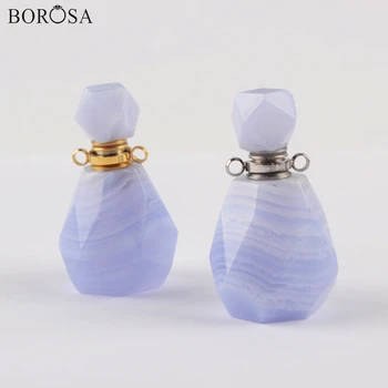 

Blue Lace Agates Perfume Bottle Connector Gems stone Faceted Essential Oil Meditation Jewelry stainless steel vial Pendant charm