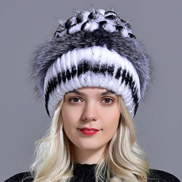 winter fur hats women's Beanies knitted warm floral natural rex rabbit fox fur fashionable stylish hand sewn snow hat - Цвет: RG-09