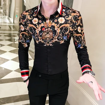 

Paisley Shirt Men Baroque Gold Black Shirt Overhemden Heren Men Slim Fit Shirt Long Sleeve Button Shirt Party Club Chemise Homme