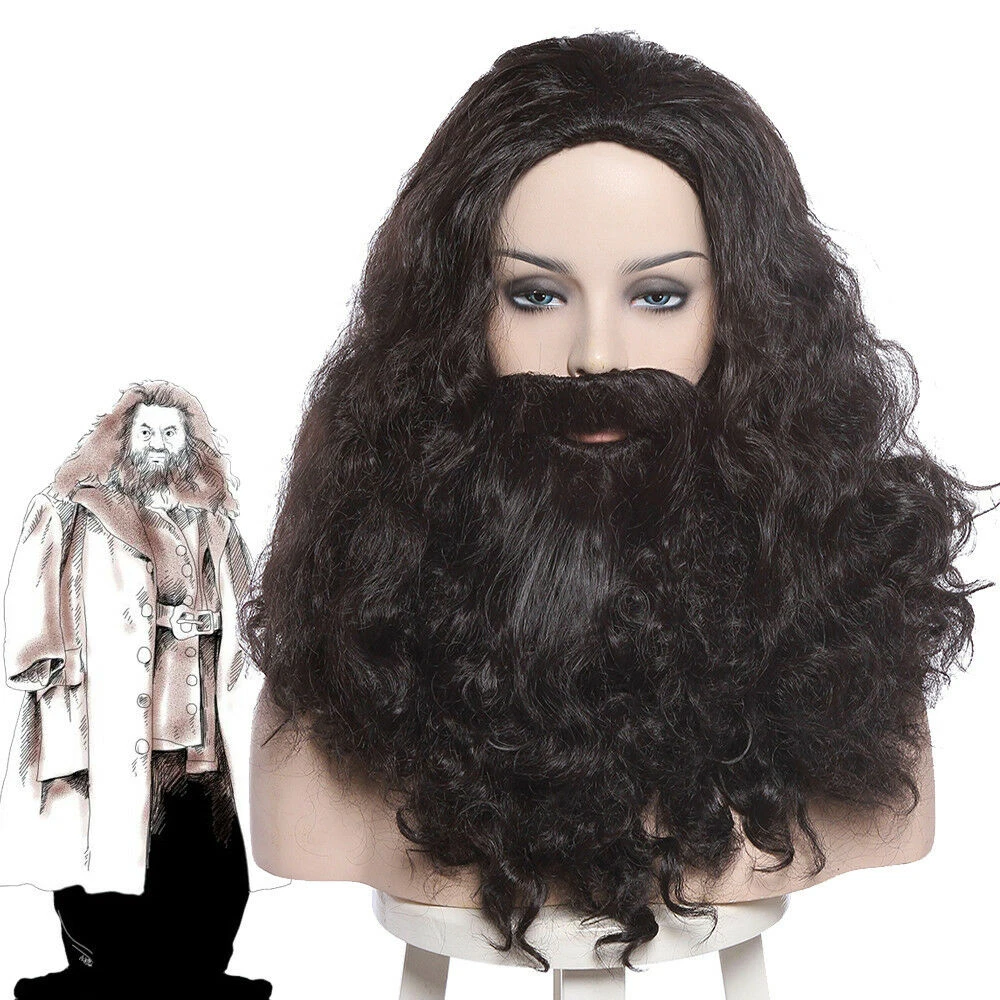 HP Rubeus Hagrid Cosplay Wig Curly Wavy Black Long Synthetic Hair With Beard Whiskers Halloween + Free Wig Cap anime cosplay