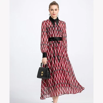 

Dress for Women 2020 High Quality Spring Summer Runway Turn-Down Collar Elegant Long Sleeves Print Casual Dresses NP1265A