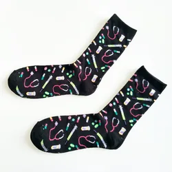 Cartoon Hospital Equipment Print Socks Medical Stethoscope Syringe Drug Men Cotton Sock Personalized Absorb Sweat Breathable