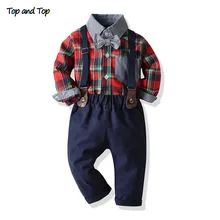 Топ и топ, Модный комплект джентльменской одежды для мальчиков, клетчатая галстук-бабочка, рубашка с длинными рукавами+ штаны на подтяжках, детская повседневная одежда