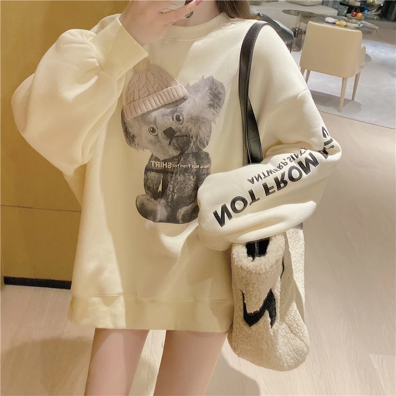 Новинка, женские толстовки, набор, kawaii, толстовки с принтом медведя, с буквенным принтом, женские толстовки с капюшоном, женские рубашки, рубашка с длинным рукавом