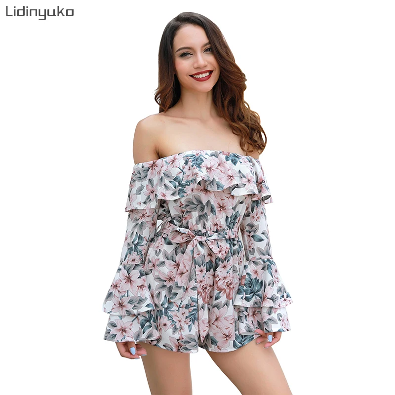 

Flare Sleeve Floral Print Romper One Word Collar Women Summer Beach V Neck Sexy Jumpsuit Short Overalls Casual Boho Bodysuit
