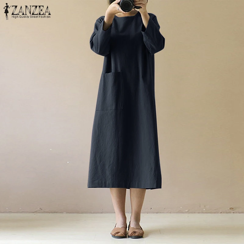 ZANZEA плюс размер льняное платье миди женское осеннее платье повседневное с длинным рукавом сплит Туника Vestidos женский передний карман Халат