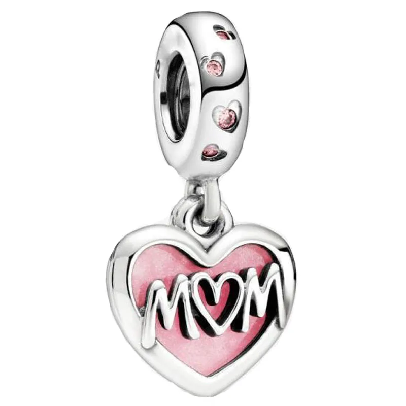 

925 Silver Charm Pink Enamel Mom Script Heart With I Love You Pendant Beads Fit Original Pandor Bracelet DIY Necklace