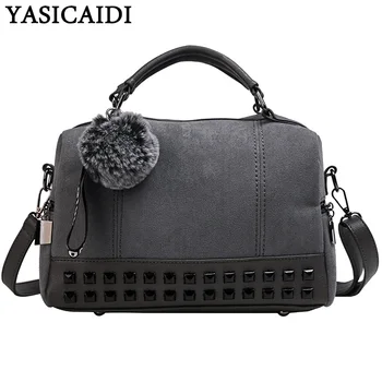 

YASICAIDI Nubuck Leather Female Top-handle Bags Rivet Large Women Shoulder Bag Fur Ball Satchel Ladies Motorcycle Messenger Bag