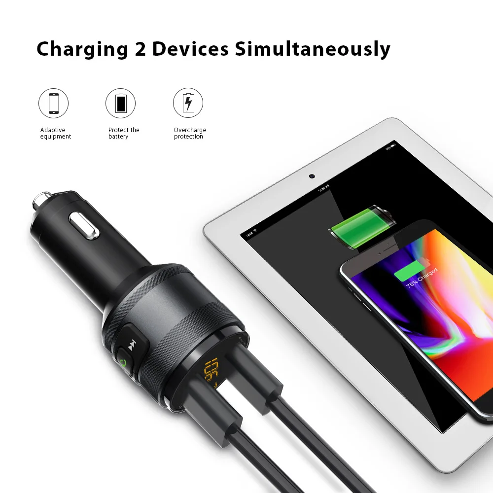 AUCU автомобильный комплект беспроводной Bluetooth 4 2 FM трансмиттер QC3.0 два USB порта