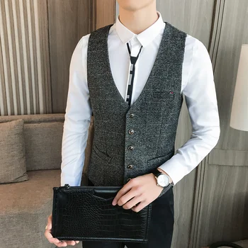 

Spring Men's Vest Business Casual V-collar Carelecos Para Hombre Vest Waistcoat Gray Lattice Man Short Vest Brand High Quality