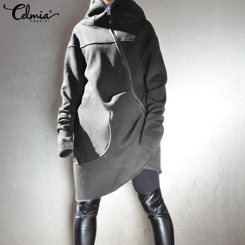 

2019 Winter Hooded Long Tops Women Asymmetrical Hoodies Sweatshirts Pullovers Long Sleeve Casual Loose Pockets Zip Jackets S-5XL