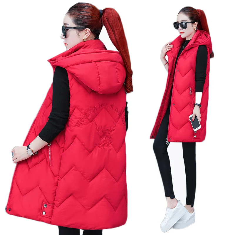 

Winter Vest Women Waistcoat 2019 Female Long Zipper Hooded Vest Jacket Autumn Sleeveless Cotton Padded Parka Coat Plus Size 1225