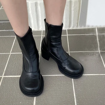 

7cm Heel White Boots Women Round Toe Ankle Boots High Heels Designer High Heel Boots Fall Ladies Black Boots Zapatos De Mujer