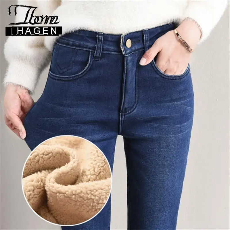 Женские флисовые джинсы с высокой талией зимние теплые 2020 женские черные