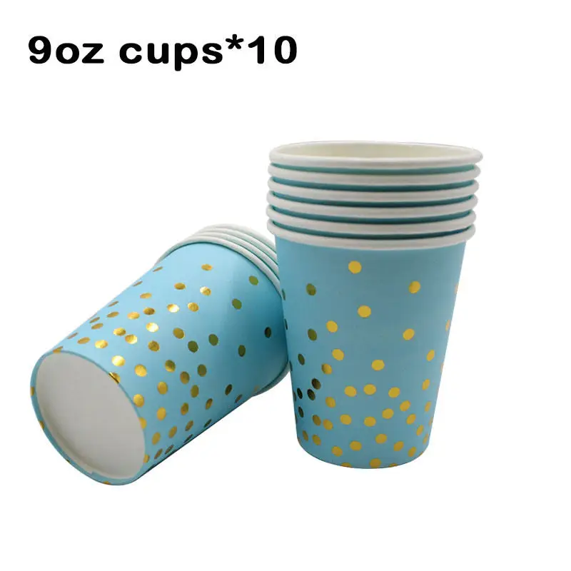 Cups 9oz 10pcs Одноразовая посуда в Золотой горошек синего цвета для детского душа, чашки, соломинки, салфетки, тарелки для 1-го дня рождения, декор для детей, для мальчиков, сувениры, вечерние принадлежности - Цвет: Cups 9oz 10pcs