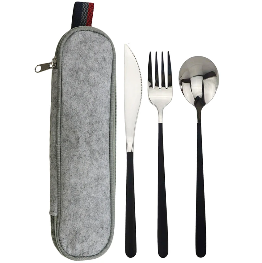 4Pcs Black Silver 8 шт., набор столовых приборов для путешествий, набор столовых приборов золотого цвета, походный портативный столовый набор, посуда из нержавеющей стали 304, металлическая соломинка, чехол с кистью - Цвет: 4Pcs Black Silver