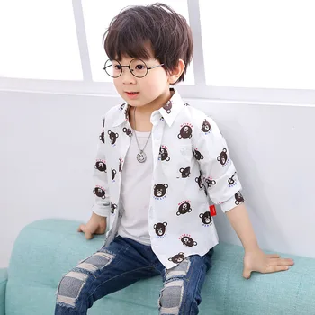 

2-9Yrs Boys Cartoon Bear Shirt Children Long Sleeve Tops Clothes Boy Linen Shirt Toddler Shirts for Boys 2020 Spring Clothing