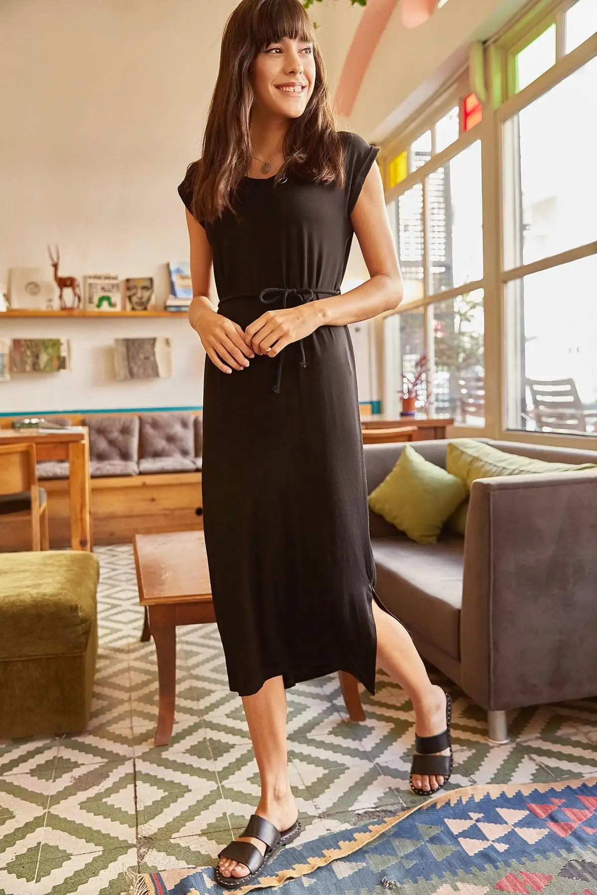 Ola Women Black Belted Slits Viscose Dress ELB-19000700 | Женская одежда